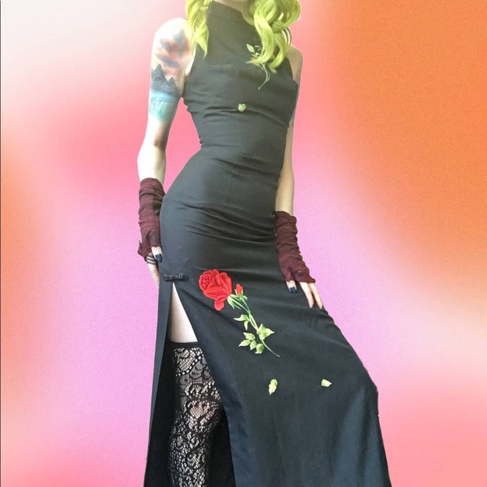 Gorgeous Handmade Elegant Slinky Black Maxi Gown w/ Rose Detail Sz S